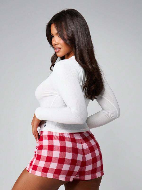 Missguided Missguided X Playboy Christmas Ribbed Top With Gingham Check Shorts Set