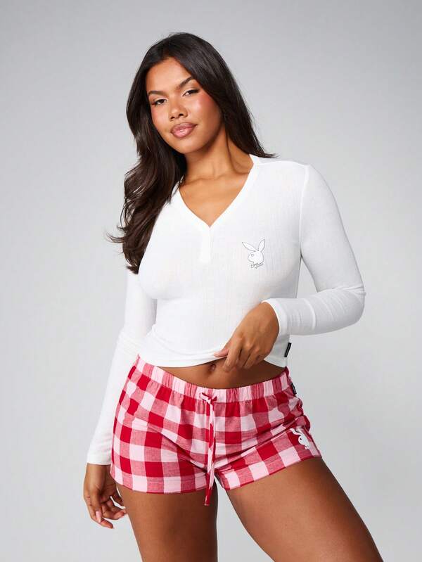 missguided Missguided x Playboy Christmas Ribbed Top With Gingham Check Shorts Set