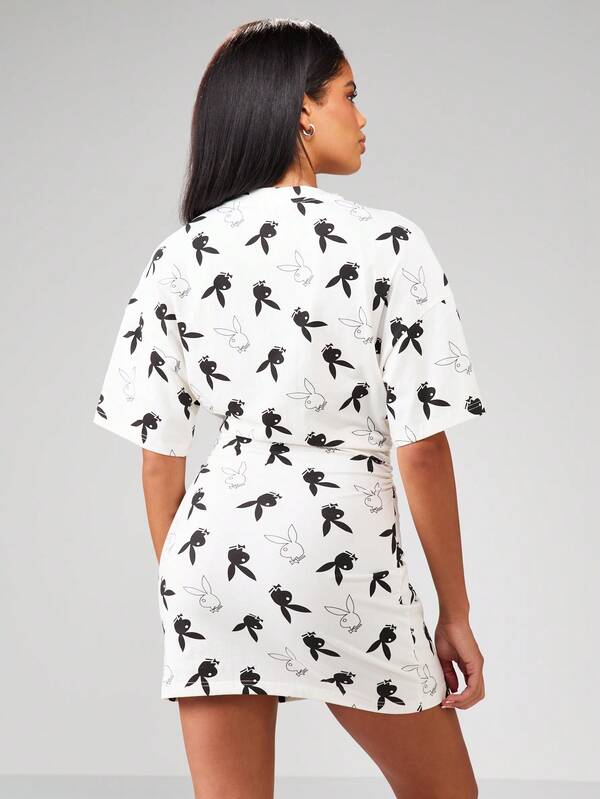 Missguided Missguided X Playboy Cinched Waist Mini Dress With Graphic Print