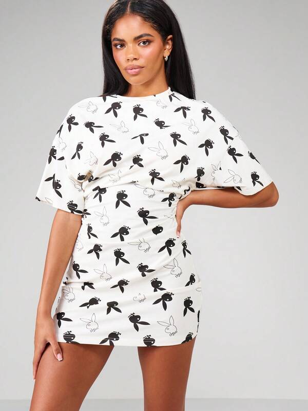 Missguided Missguided X Playboy Cinched Waist Mini Dress With Graphic Print
