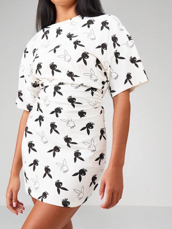 missguided Missguided x Playboy Cinched Waist Mini Dress With Graphic Print