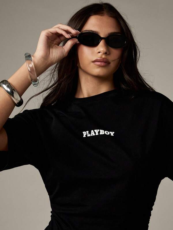Missguided Missguided X Playboy Cinched Waist Oversized T Shirt With Ruched Detail