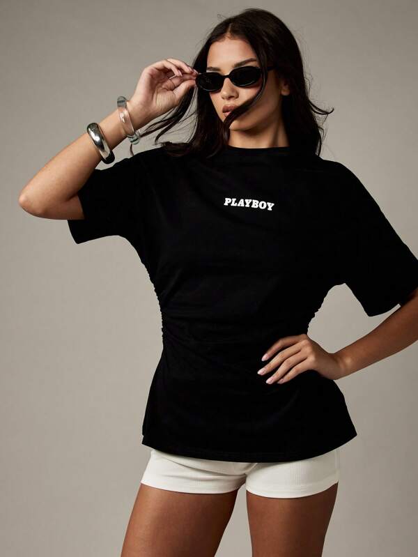 missguided Missguided x Playboy Cinched Waist Oversized T Shirt With Ruched Detail
