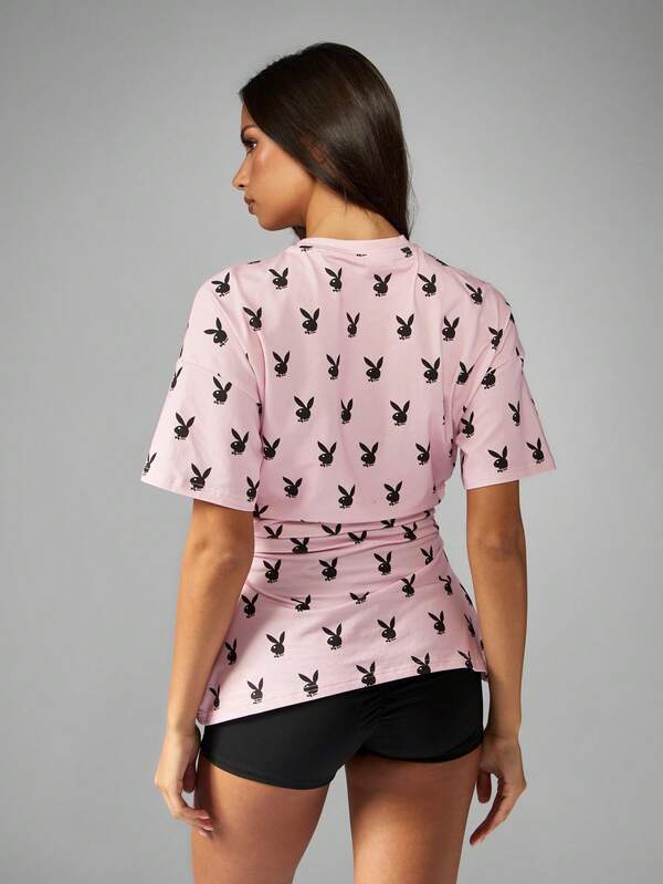 Missguided Missguided X Playboy Cinched Waist T-Shirt With Allover Bunny Logo Print
