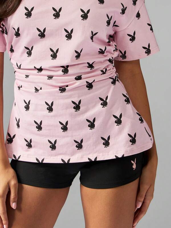 Missguided Missguided X Playboy Cinched Waist T-Shirt With Allover Bunny Logo Print