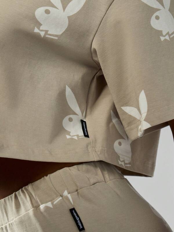 Missguided Missguided X Playboy Classic All Over Print Bunny Logo Short Sleeve Cropped T Shirt