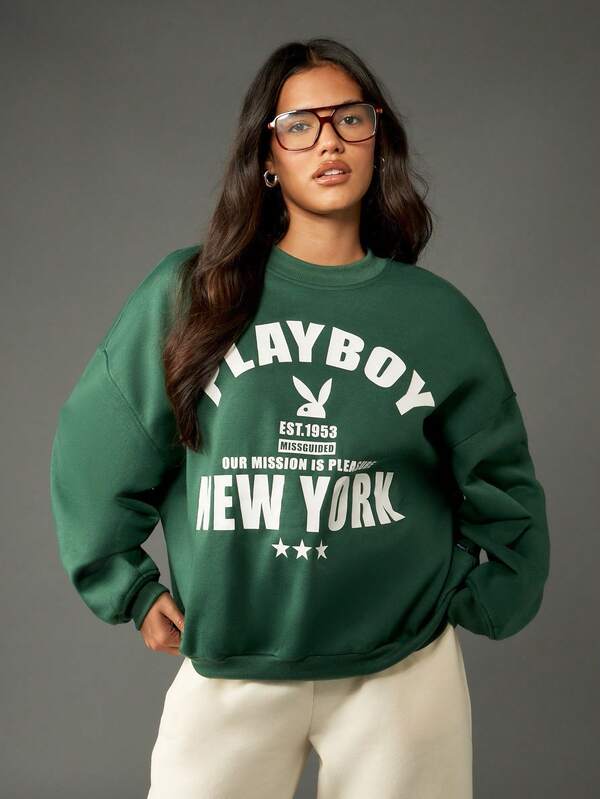 Missguided Missguided X Playboy Classic Crew Neck Sweatshirt With City Statement Design
