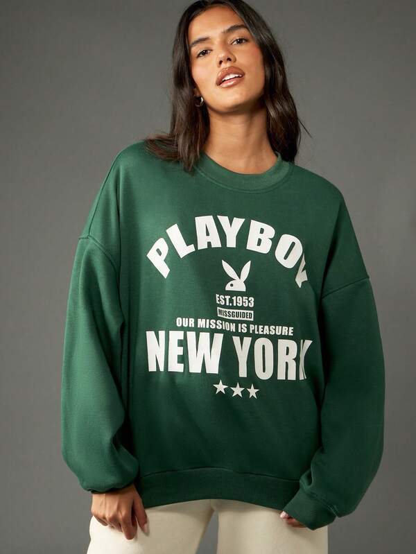 missguided Missguided x Playboy Classic Crew Neck Sweatshirt With City Statement Design