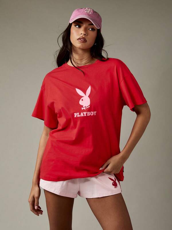 Missguided Missguided X Playboy Classic Logo Print Oversized Jersey Cotton T-Shirt