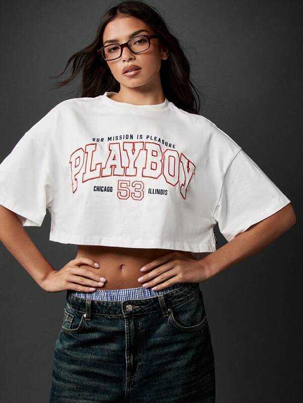 Missguided Missguided X Playboy Classic Retro Crop T-Shirt With Varsity Print