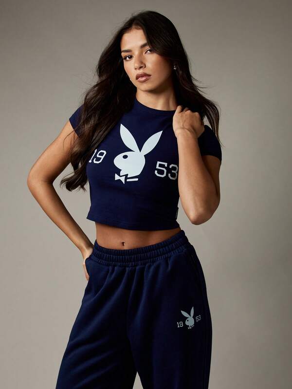 Missguided Missguided X Playboy Classic Retro Short Sleeve Crop Top With Bunny Logo