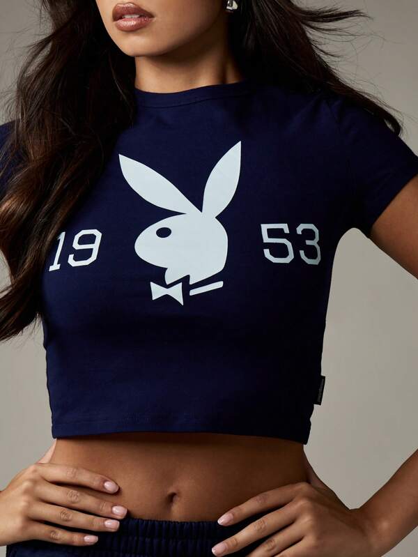 missguided Missguided x Playboy Classic Retro Short Sleeve Crop Top With Bunny Logo
