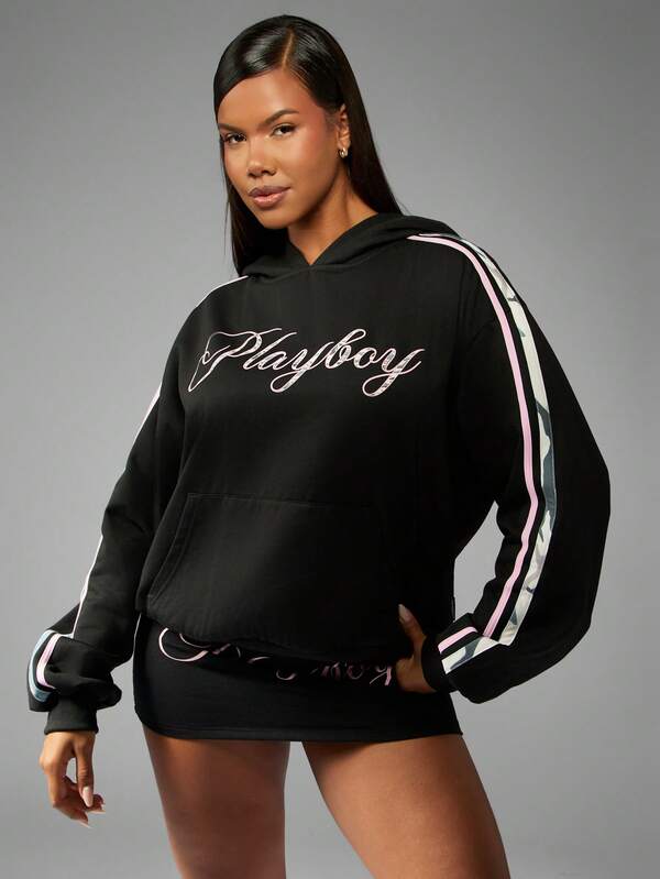 Missguided Missguided X Playboy Classic Script Logo Embroidered Hoodie With Side Stripes
