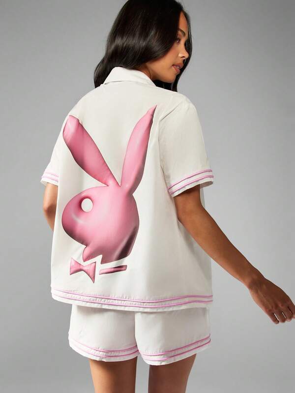 missguided Missguided x Playboy Collared Button Down Shirt With Matching Shorts Set