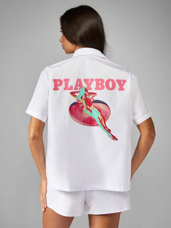 Missguided Missguided X Playboy Collared Button Up Shirt With Matching Shorts