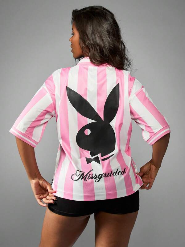 Missguided Missguided X Playboy Collared Jersey Shirt With Stripes