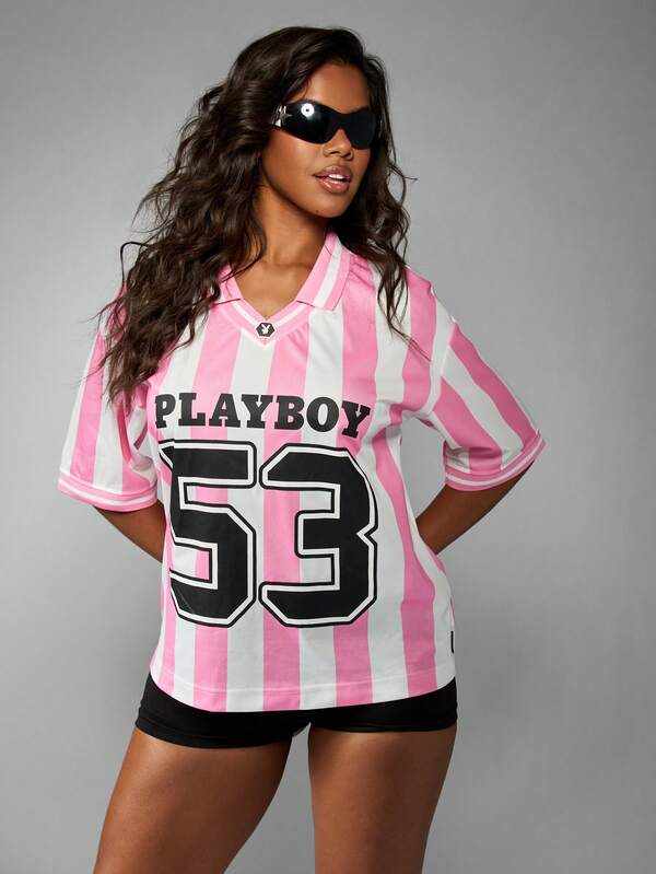 Missguided Missguided X Playboy Collared Jersey Shirt With Stripes