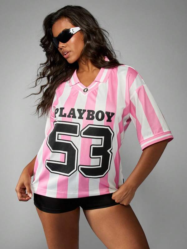 missguided Missguided x Playboy Collared Jersey Shirt With Stripes