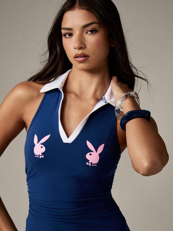 Missguided Missguided X Playboy Collared Polo Mini Dress With Bunny Logo Print
