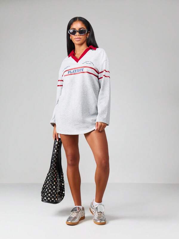 Missguided Missguided X Playboy Collegiate Logo Mini Dress With Long Sleeves And V Neck