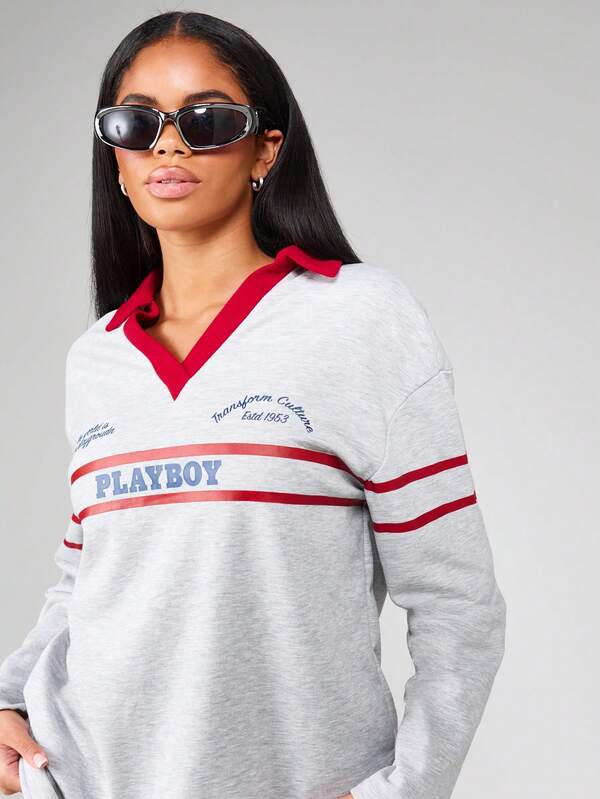 Missguided Missguided X Playboy Collegiate Logo Mini Dress With Long Sleeves And V Neck