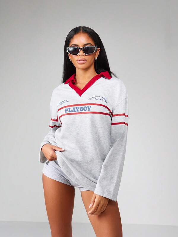 missguided Missguided x Playboy Collegiate Logo Mini Dress With Long Sleeves And V Neck