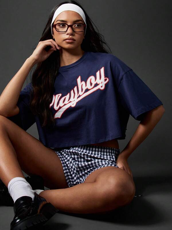 Missguided Missguided X Playboy Collegiate Varsity Style Slouchy Short Sleeve T-Shirt