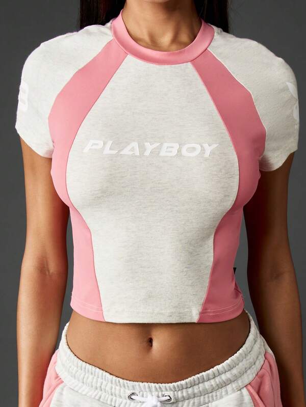 missguided Missguided x Playboy Color Block Baby Tee With Raglan Sleeves