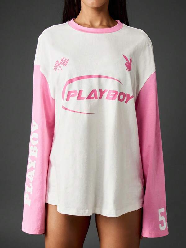 Missguided Missguided X Playboy Color Block Graphic Long Sleeve Top