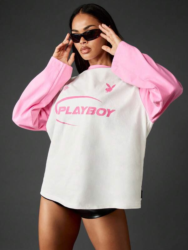 Missguided Missguided X Playboy Color Block Graphic Long Sleeve Top