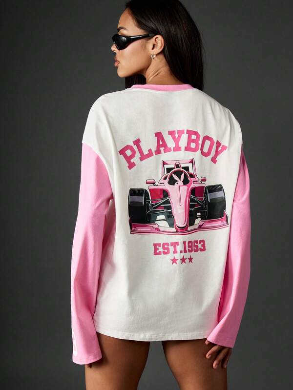 missguided Missguided x Playboy Color Block Graphic Long Sleeve Top