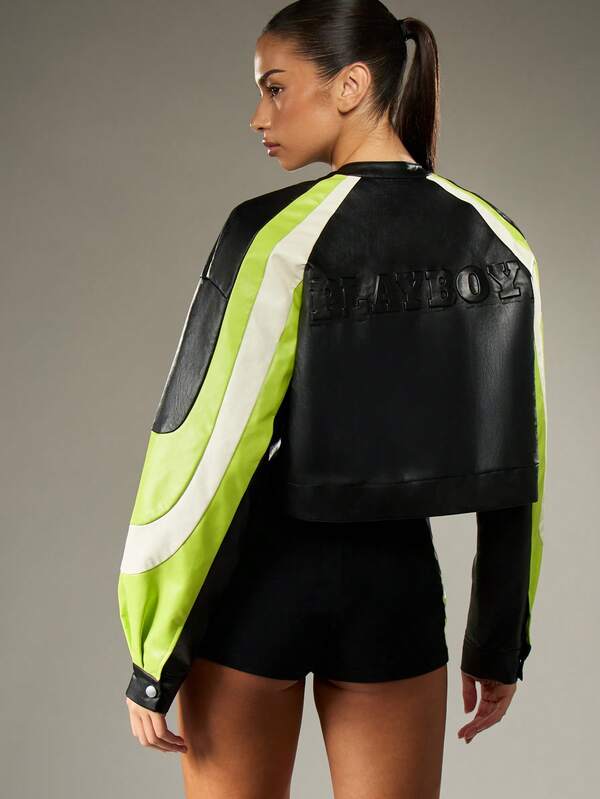 Missguided Missguided X Playboy Color Block Leather Look Bomber Jacket With Neon Panels