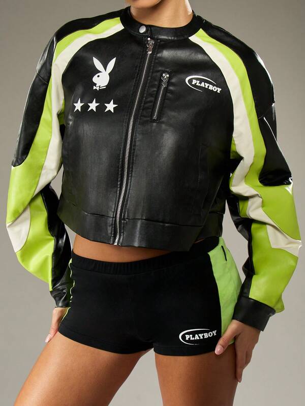 Missguided Missguided X Playboy Color Block Leather Look Bomber Jacket With Neon Panels