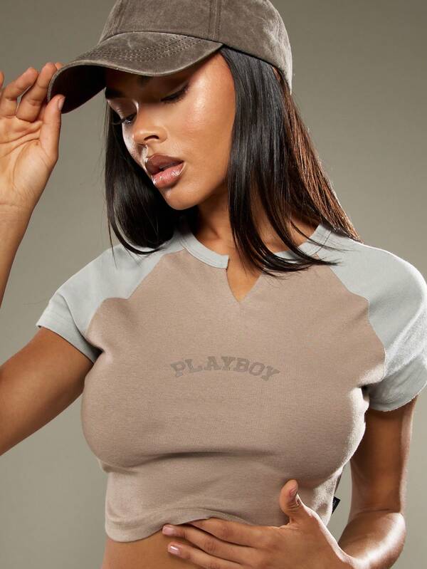 Missguided Missguided X Playboy Color Block Notch Neck Crop Top