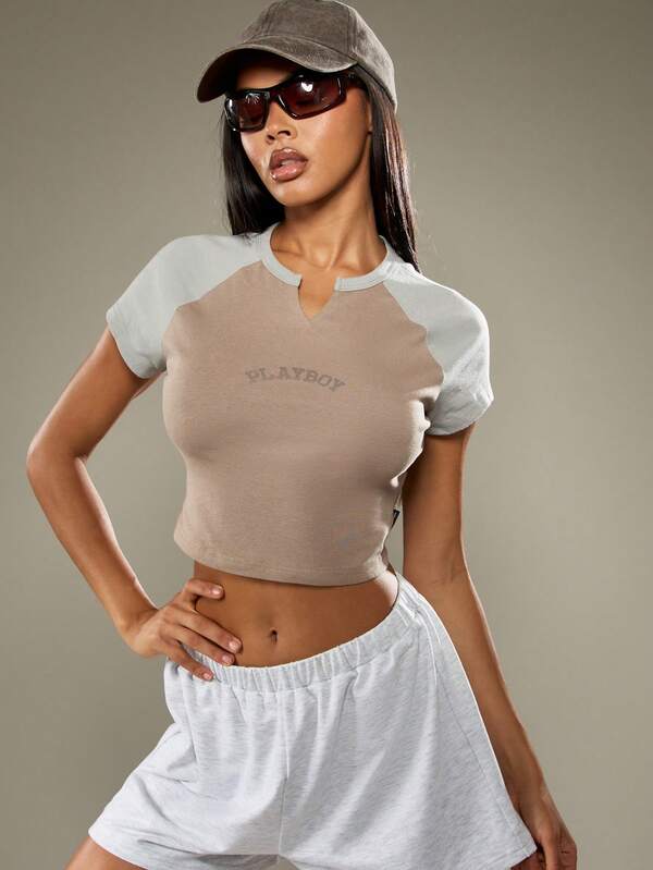 missguided Missguided x Playboy Color Block Notch Neck Crop Top