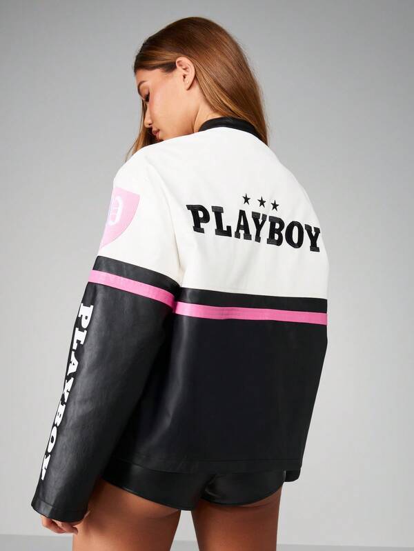 Missguided Missguided X Playboy Color Block Racing Moto Leather Jacket With Graphics