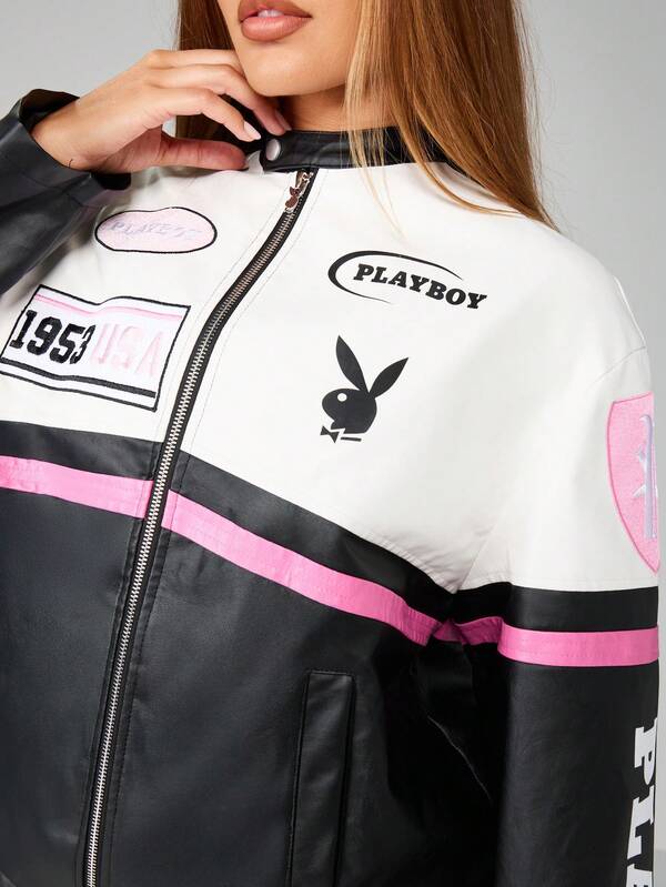 Missguided Missguided X Playboy Color Block Racing Moto Leather Jacket With Graphics