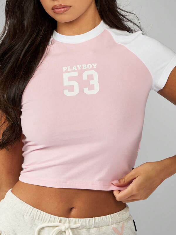 Missguided Missguided X Playboy Color Block Raglan Crop T Shirt With Number Print