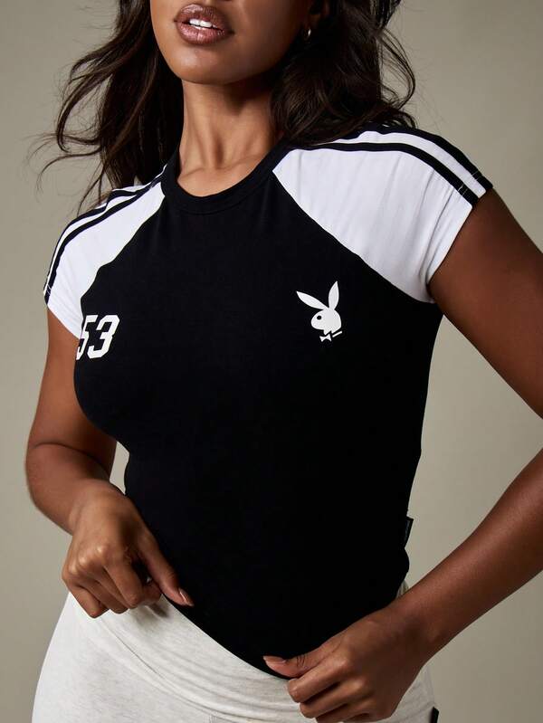 Missguided Missguided X Playboy Color Block Raglan Sleeve Fitted Crop T Shirt