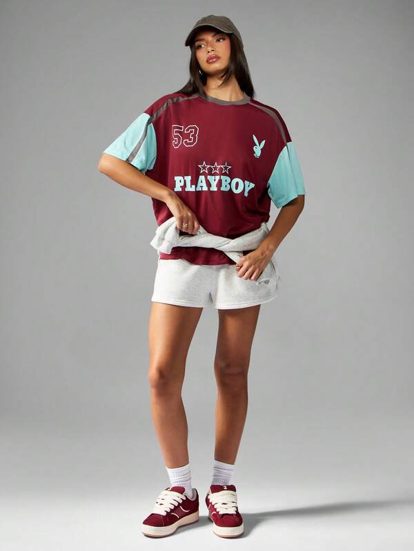 Missguided Missguided X Playboy Color Block T Shirt With Varsity Print And Bunny Logo