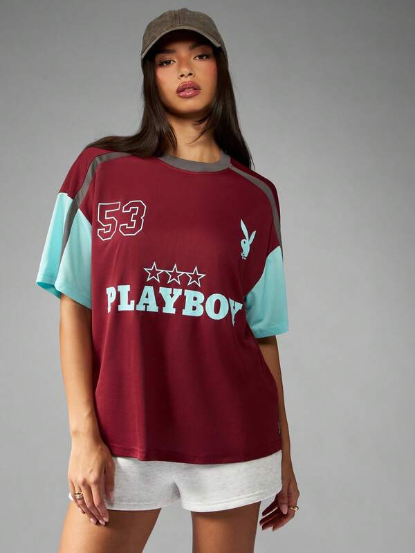 missguided Missguided x Playboy Color Block T Shirt With Varsity Print And Bunny Logo