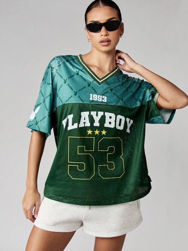 Missguided Missguided X Playboy Color Block V-Neck Jersey With Graphic Print