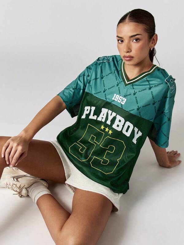 missguided Missguided x Playboy Color Block V-Neck Jersey With Graphic Print
