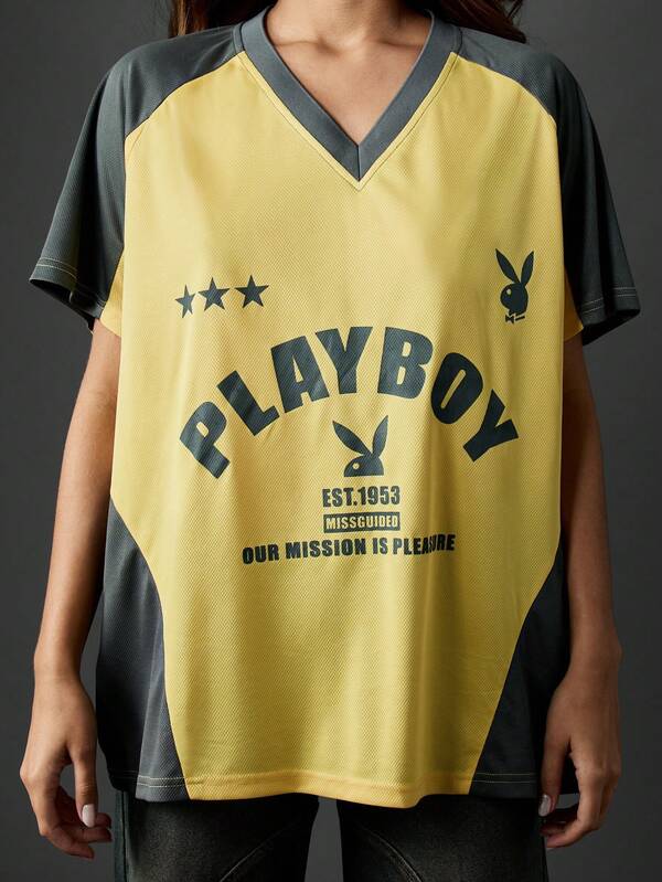Missguided Missguided X Playboy Color Block V-Neck T-Shirt With Logo Print
