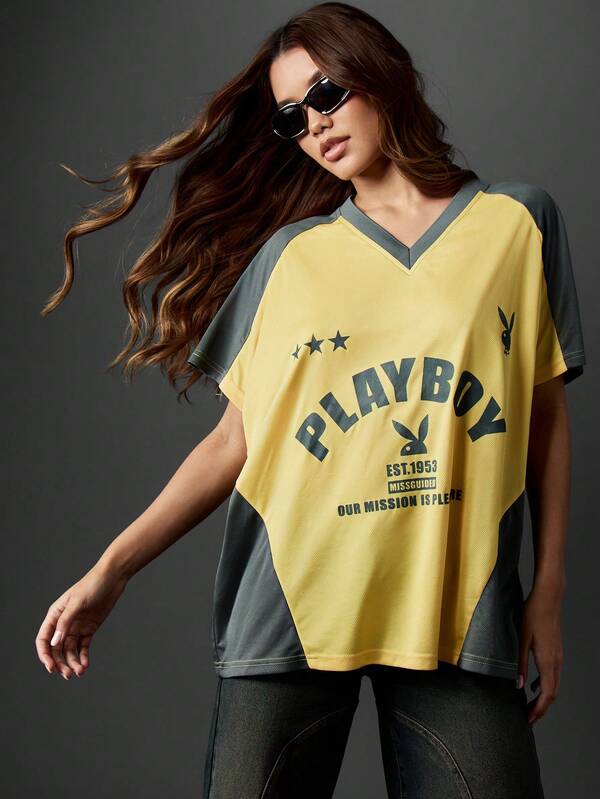 missguided Missguided x Playboy Color Block V-Neck T-Shirt With Logo Print