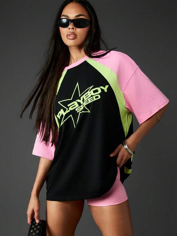 missguided Missguided x Playboy Colorblock Graphic T-Shirt With Short Sleeves