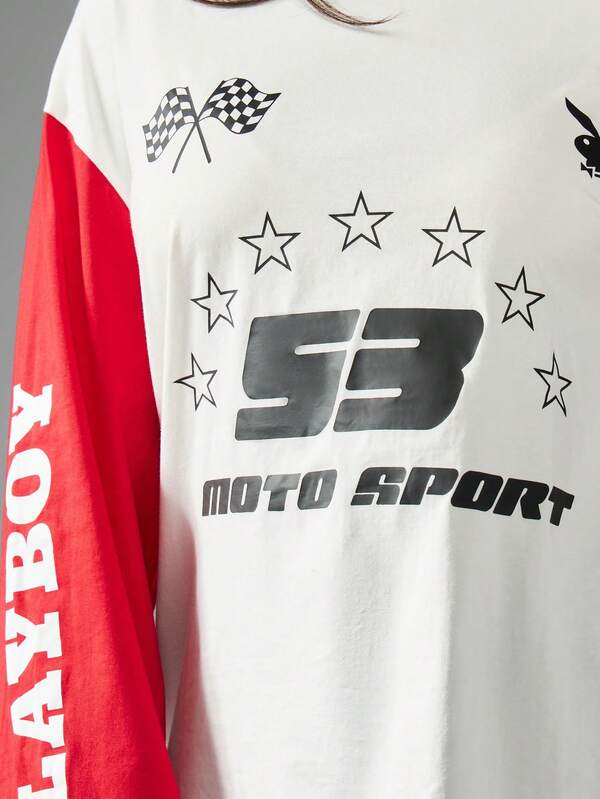 Missguided Missguided X Playboy Comfort Fit Long Sleeve Motorsport Graphic T-Shirt