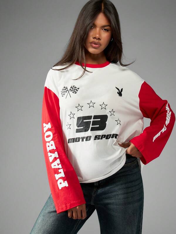 Missguided Missguided X Playboy Comfort Fit Long Sleeve Motorsport Graphic T-Shirt