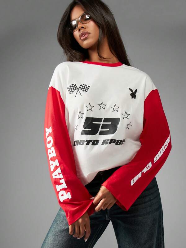 missguided Missguided x Playboy Comfort Fit Long Sleeve Motorsport Graphic T-Shirt