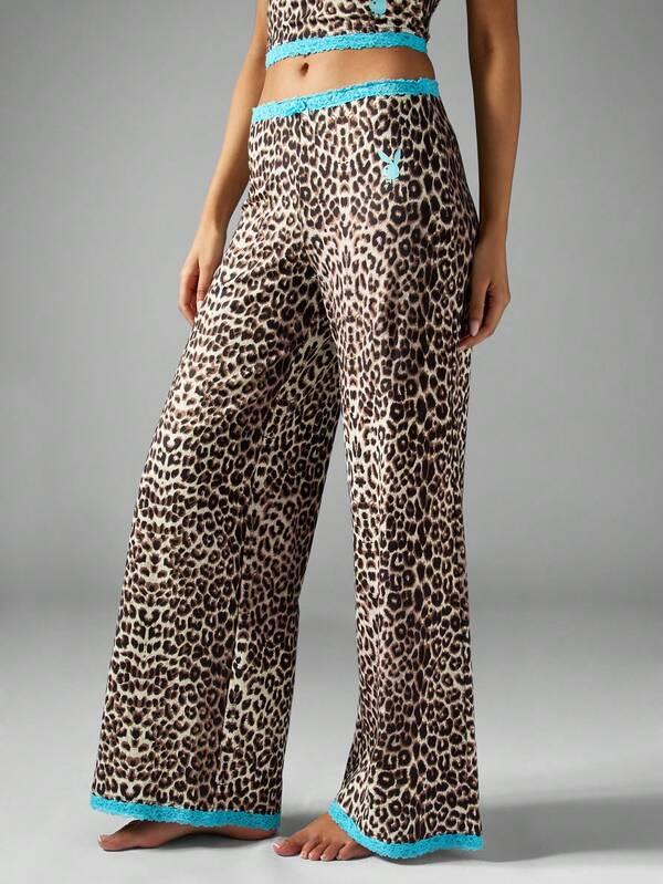 Missguided Missguided X Playboy Comfy Playful Animal Print Satin Pajama Set With Lace Trim